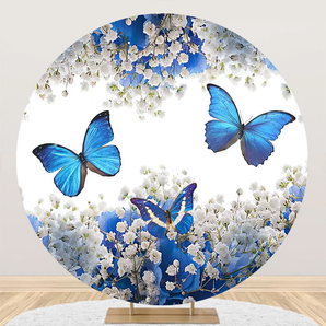 Mocsicka White Flowers Blue Butterfly Round Cover Backdrop for Party Decoration