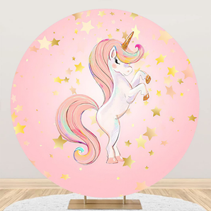 Mocsicka Pink Star Unicorn Girls Birthday Party Round Cover Backdrop