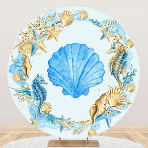 Mocsicka Blue and Gold Shell Starfish Seahorse Round Cover Backdrop for Decoration