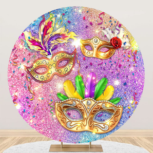 Mocsicka Bright Purple Gold Mask Masquerade Party Round Cover Backdrop