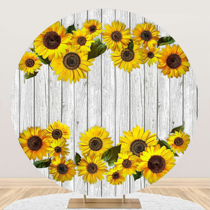 Mocsicka White Wooden Board Sunflower Theme Birthday Party Round Cover Backdrop