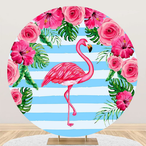 Mocsicka Blue and White Striped Summer Themed Famingo Party Round Cover Backdrop