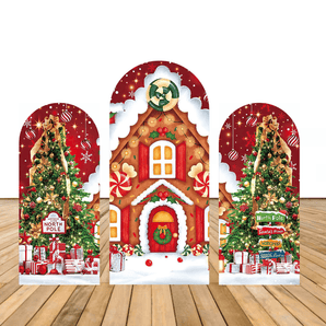 Mocsicka Snow House Christmas Trees Christmas Party Double-printed Arch Cover Backdrop