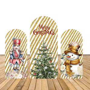 Mocsicka Glitter Gold Gingerbread Soldier Tree Snowman Merry Christmas Double-printed Arch Cover Backdrop