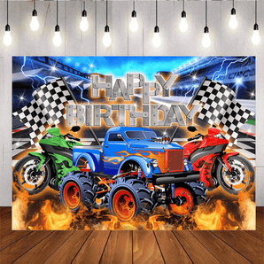 Mocsicka Monster Truck Boys Happy Birthday Backdrop