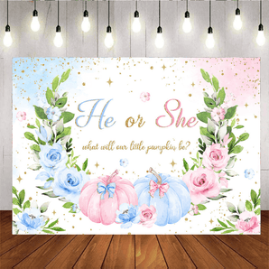 Mocsicka Fall Autumn Blue or Pink Floral Pumpkin Gender Reveal Party Backdrop