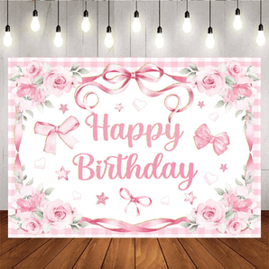 Mocsicka Pink Flowers Bow Girl Birthday Party Backdrop