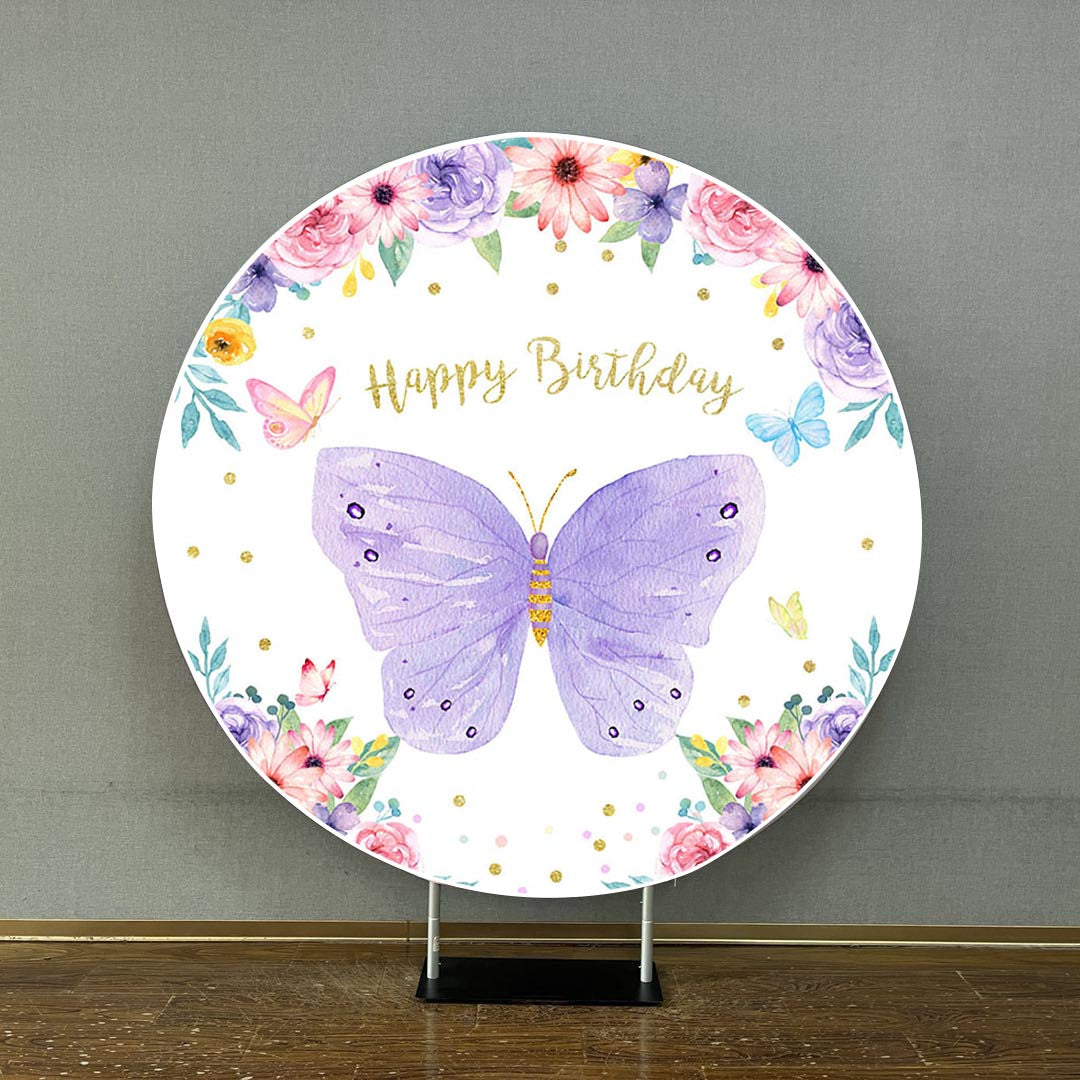 Mocsicka Purple Butterfly and Flowers Happy Birthday Round Cover ...