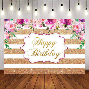 Mocsicka Gold Stripes Birthday Backdrop Watercolor Flowers Photo Background-Mocsicka Party