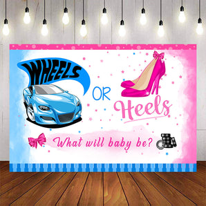 Mocsicka Wheels or Heels Blue or Pink Gender Reveal Baby Shower Backdrops-Mocsicka Party