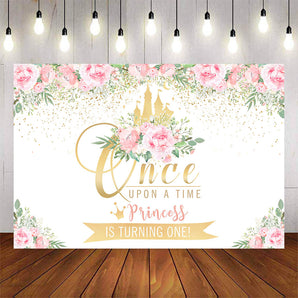 Mocsicka Golden Castle Pink Flowers Little Princess First Birthday Backdrop-Mocsicka Party