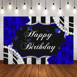 Mocsicka Stripes and Blue Rose Happy Birthday Party Backdrops-Mocsicka Party