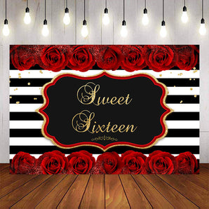 Mocsicka Sweet 16 Stripes and Red Rose Birthday Party Banners-Mocsicka Party