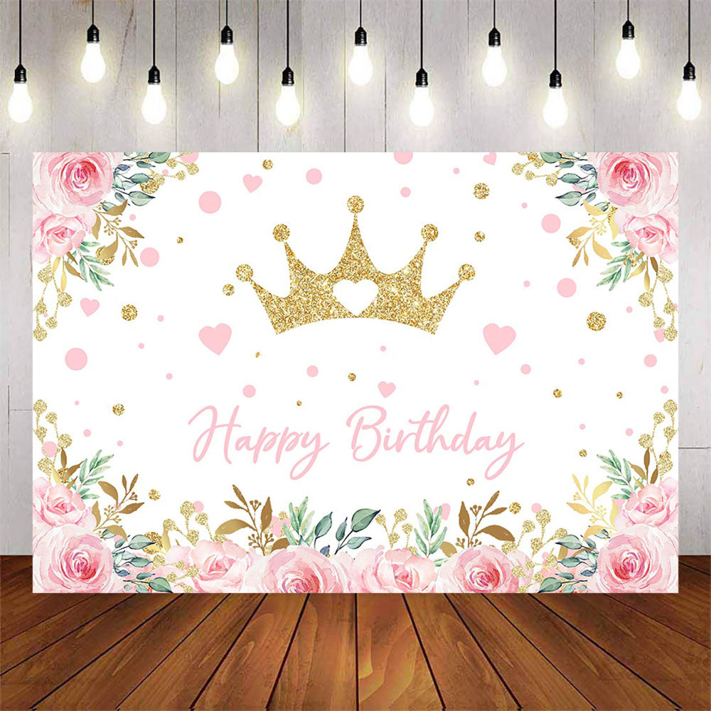 Mocsicka Pink Flowers and Gold Crown Happy Birthday Background ...