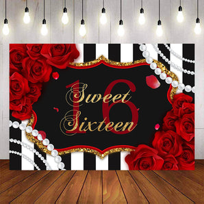 Mocsicka Sweet 16 Red Rose and Stripes Birthday Backgrounds-Mocsicka Party