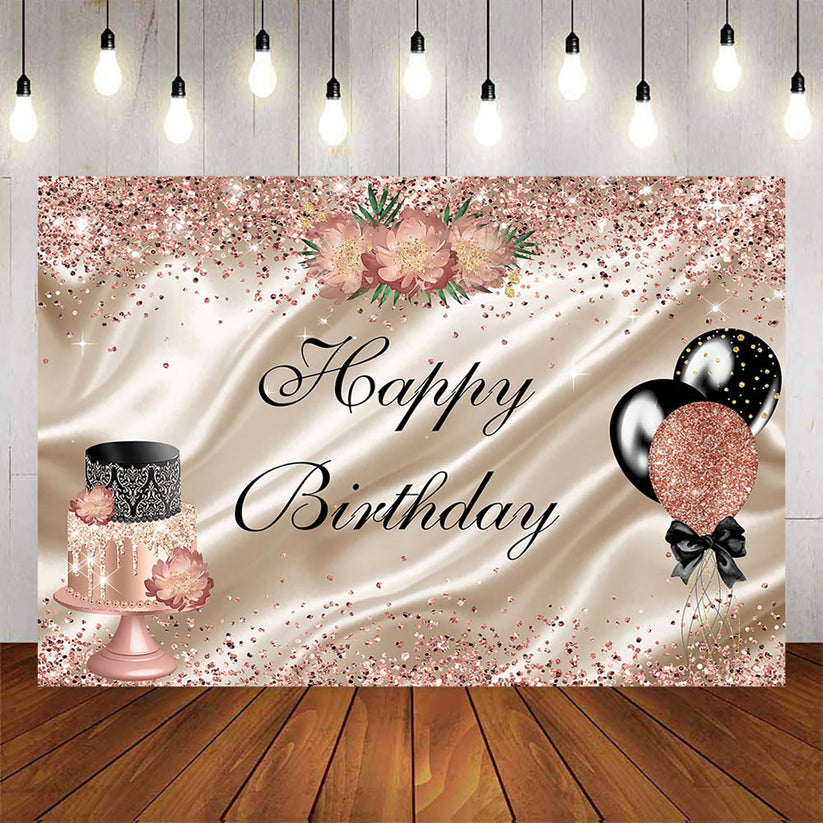 Mocsicka Black and Champagne Gold Balloons and Cakes Happy Birthday Ba ...