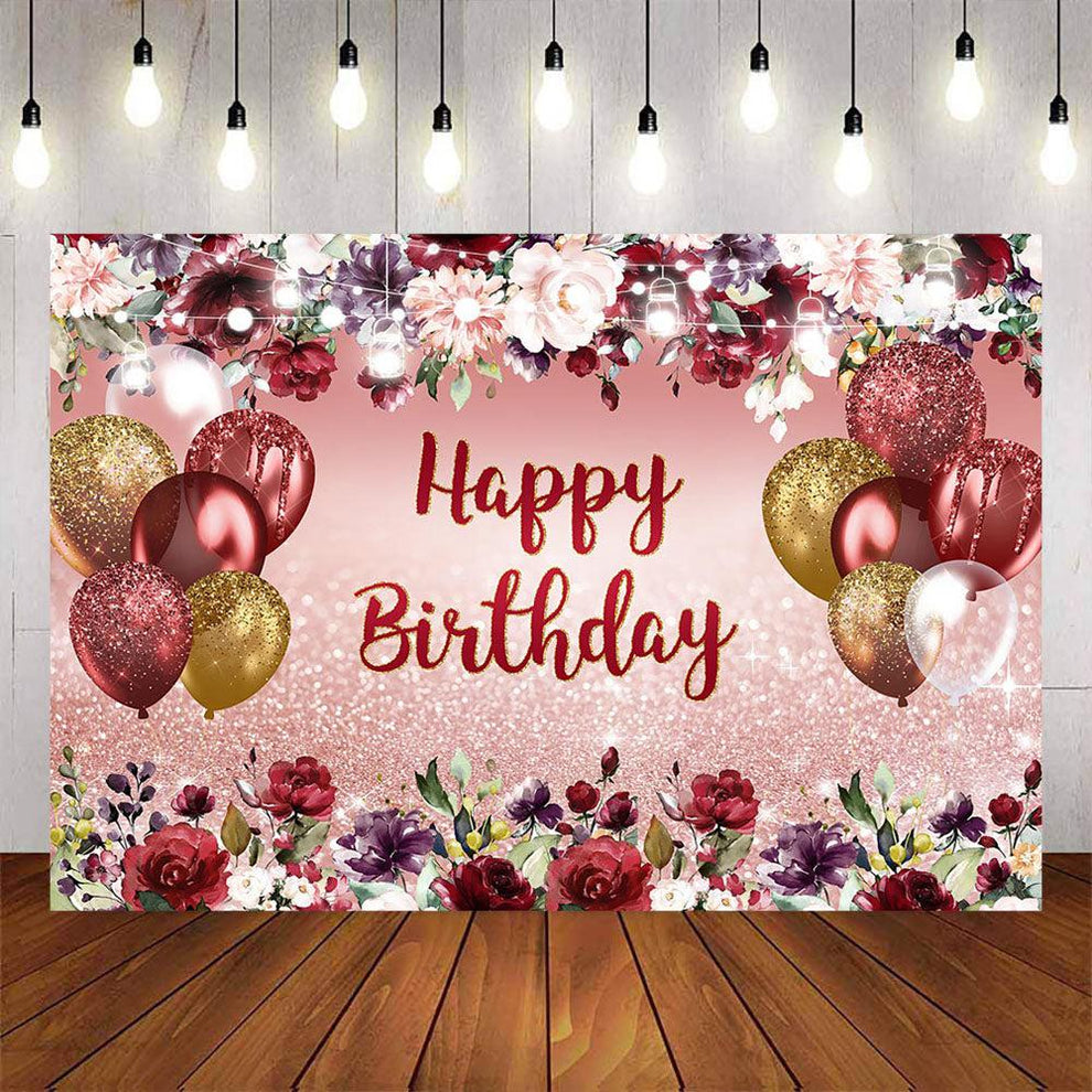 Mocsicka Burgundy Red Flowers and Balloons Happy Birthday Backdrop ...