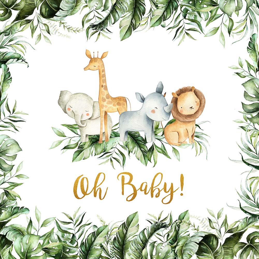 Mocsicka Plam Leaves and Wild Animals Oh Baby Shower Backdrop ...