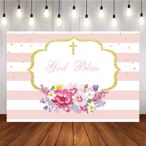 Mocsicka God Bless Baptism Background Golden Cross Baby Shower Backdrop-Mocsicka Party