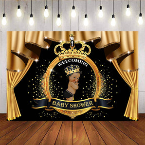 Mocsicka Welcome Little Prince Baby Shower Backdrop Gold Curtain Black Background-Mocsicka Party