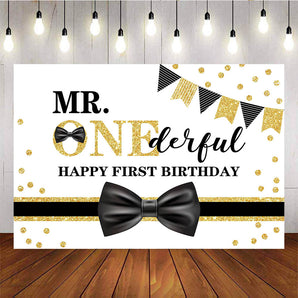 Mocsicka Gentleman Happy First Birthday Backdrop Black Bow Golden Dots Decor Prop-Mocsicka Party