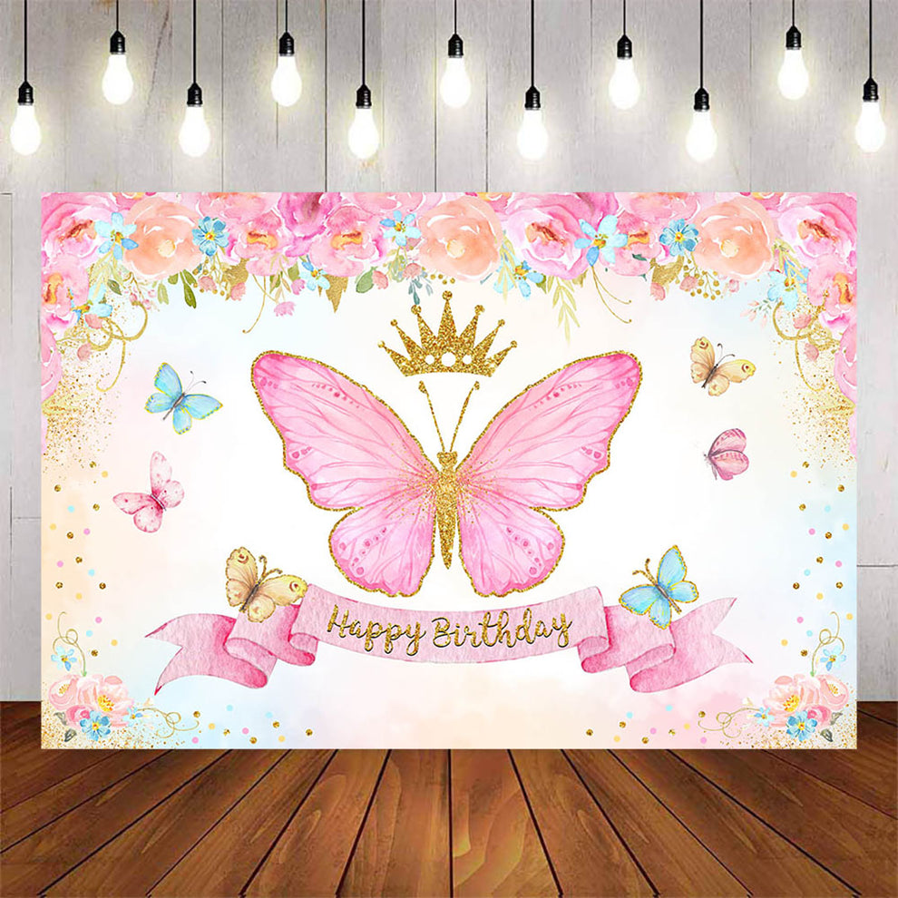 Mocsicka Butterfly and Flowers Gold Crown Happy Birthday Backdrop ...