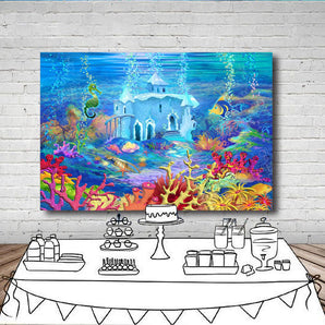 Mocsicka Under Blue Sea Backdrop Cute Fishes Coral and Castle Birthday Back Drop