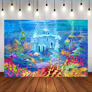 Mocsicka Under Blue Sea Backdrop Cute Fishes Coral and Castle Birthday Back Drop-Mocsicka Party