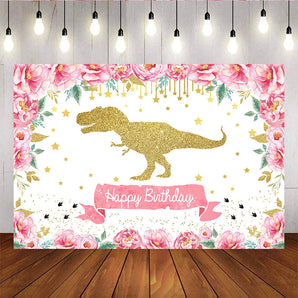 Mocsicka Golden Dinosaur Pink Flowers and Little Stars Happy Birthday Backdrops-Mocsicka Party