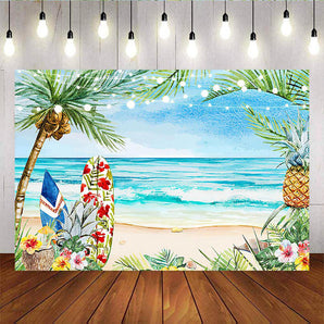 Mocsicka Summer Theme Birthday Backdrop Blue Sea Surfboard and Plam Trees Background-Mocsicka Party