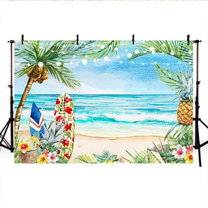 Mocsicka Summer Theme Birthday Backdrop Blue Sea Surfboard and Plam Trees Background