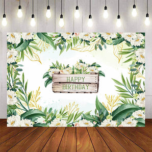 Mocsicka White Flowers and Green Leaves Happy Birthday Background-Mocsicka Party