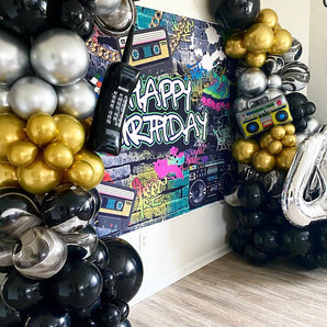 Mocsicka Graffiti Wall and Retro Radio Gold Chain Happy Birthday Backdrop-Mocsicka Party