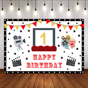 Mocsicka First Birthday Party Decor Cinema Popcorn and Black Stars Background-Mocsicka Party