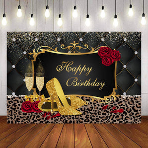 Mocsicka Golden Champagne and High Heels Happy Birthday Backdrop-Mocsicka Party