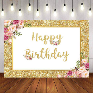 Mocsicka Spring Floral and Golden Dots Happy Birthday Backdrops-Mocsicka Party