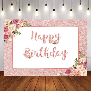 Mocsicka Spring Floral and Pink Shining Dots Happy Birthday Backdrops-Mocsicka Party