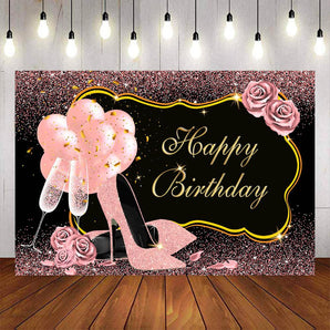 Mocsicka Pink Champagne Balloons and High Heels Happy Birthday Backdrop-Mocsicka Party