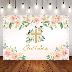 Mocsicka God Bless Pink Flowers Baptism Baby Shower Photo Backdrop-Mocsicka Party