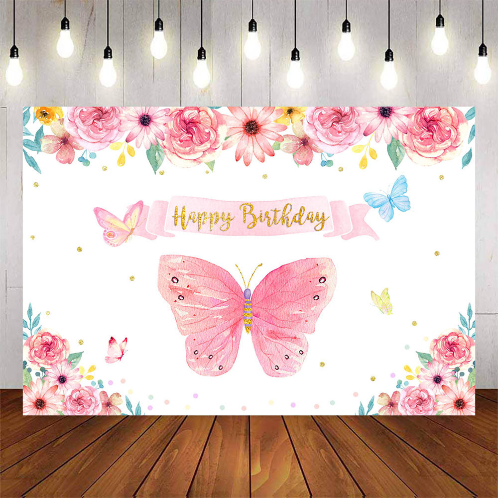 Mocsicka Pink Flowers and Butterflies Happy Birthday Backdrop ...