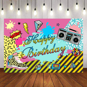 Mocsicka Retro Radio and Skateboard Shoes Happy Birthday Party Backdrops-Mocsicka Party