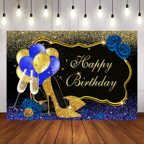 Mocsicka Golden Blue High Heels and Balloons Happy Birthday Backdrops-Mocsicka Party