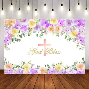 Mocsicka Flowers and Cross God Bless Baby Shower Background-Mocsicka Party