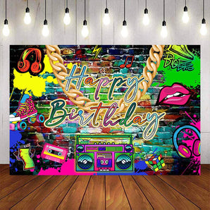 Mocsicka Graffiti Wall Gold Chain and Retro Radio Happy Birthday Backdrop-Mocsicka Party