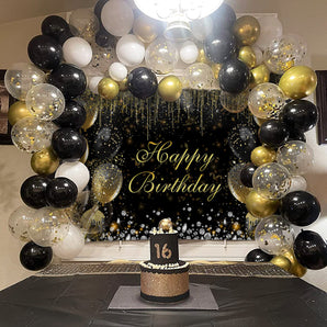 Mocsicka Black Gold Balloons and Diamonds Happy Birthday Backdrop-Mocsicka Party