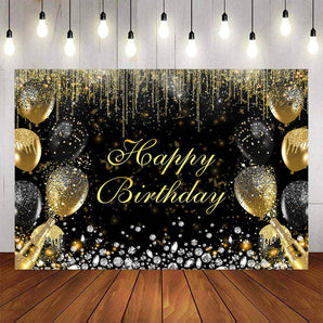 Mocsicka Black Gold Balloons and Diamonds Happy Birthday Backdrop