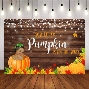 Mocsicka Our Little Pumpkin is on the Way Baby Shower Wooden Floor and Maple Leaf Background-Mocsicka Party