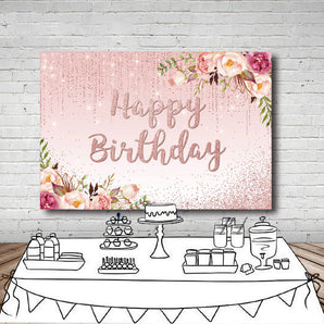 Mocsicka Spring Floral Pink Dots Happy Birthday Backdrop