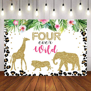 Mocsicka Gold Animals Plam Leaves Happy 4th Birthday Backdrop-Mocsicka Party