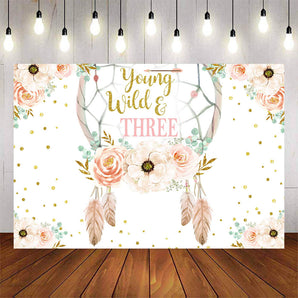 Mocsicka Dreamcatcher and Pink Flowers Young Wild Three Birthday Backdrop-Mocsicka Party